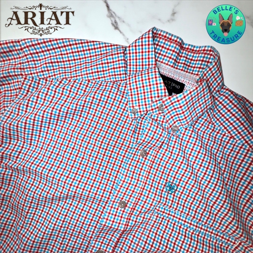 ARIAT Shirt Mens Medium Vented Plaid Short Sleeve‎ Button Down Red Blue White